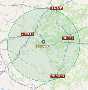 Carte montrant le périmètre des déplacements de Claire Fresneau-Fontalirant, ostéopathe animalier à Saumur